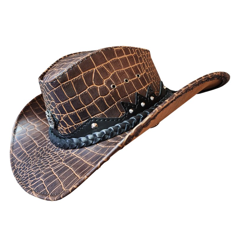 Western Icon Cowboy Crocodile Texture Leather Hat - 帽子 - 真皮 咖啡色