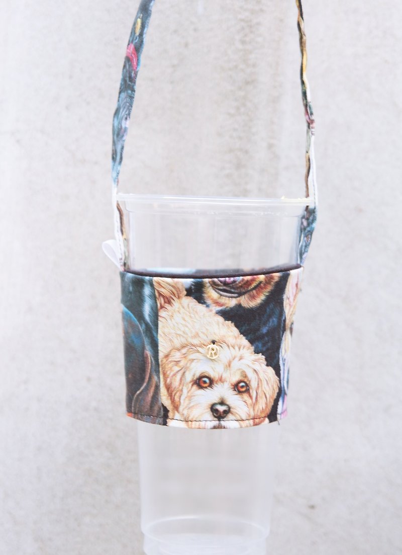 Dog environmental protection bag cup set handmade beverage bag custom exclusive your English tag - Beverage Holders & Bags - Cotton & Hemp Black