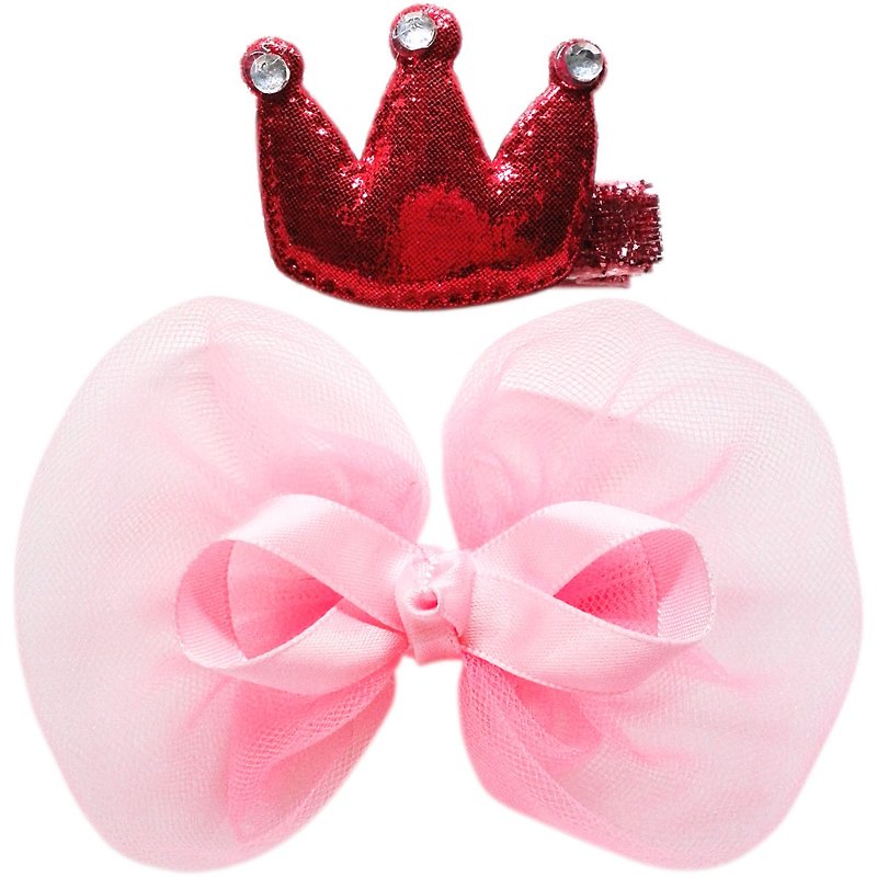 Crown and chiffon bow hairpins two sets of all-inclusive cloth handmade hair accessories Crown & Bow-Coral - Hair Accessories - Polyester Red