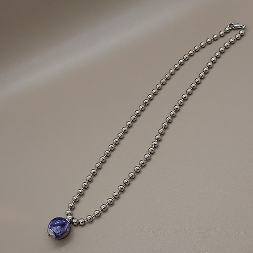 Stonebabyy 紫龍晶(Charolite) 14mm 配316L不鏽鋼波波頸錬 - 獨特款式