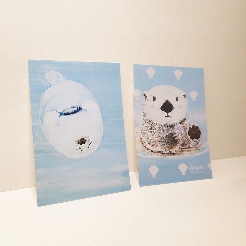 Sea life seal sea otter original oil painting postcard card - การ์ด/โปสการ์ด - กระดาษ หลากหลายสี