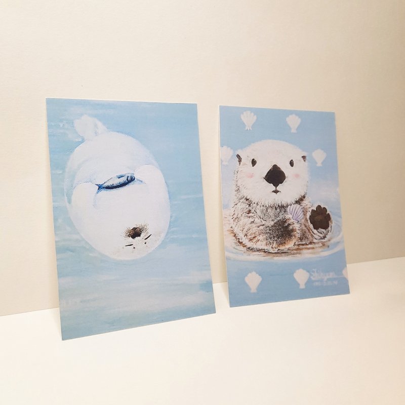 Sea life seal sea otter original oil painting postcard card - การ์ด/โปสการ์ด - กระดาษ หลากหลายสี