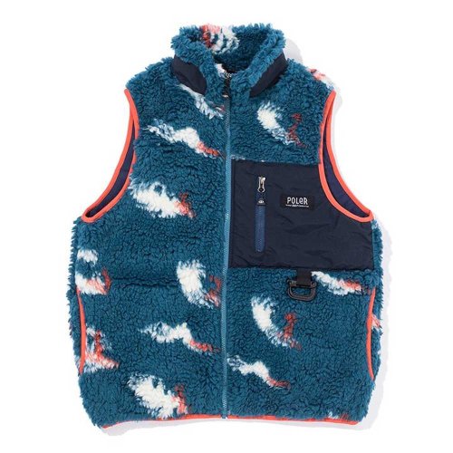 POLER 台灣總代理 日本限定 POLER JACQUARD SHERPA VEST 外層羔羊絨保暖背心 藍