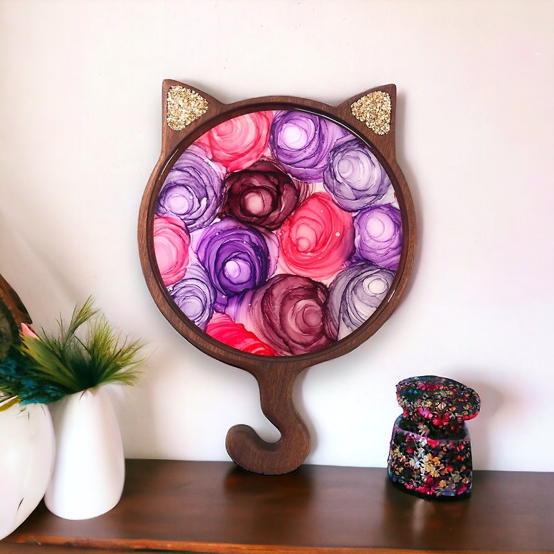 Alcohol Ink Art Walnut Cat Shape Tray - Purple Red Rose - Items for Display - Other Metals Purple