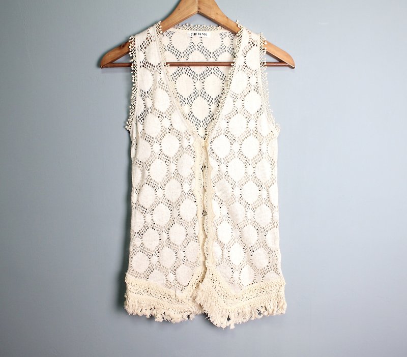 FOAK vintage beige honeycomb lattice hollow tassel vest - เสื้อกั๊กผู้หญิง - วัสดุอื่นๆ 