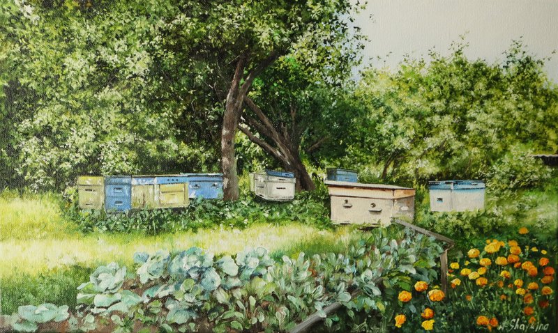 Backyard Bee Hives Original Art, Orchard Oil Painting on Canvas, Countryside - ตกแต่งผนัง - วัสดุอื่นๆ สีเขียว