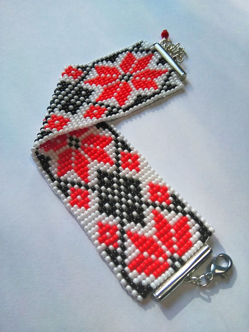 Red white national ukraine beads bracelet handmade jewelry gift for women - Bracelets - Glass 