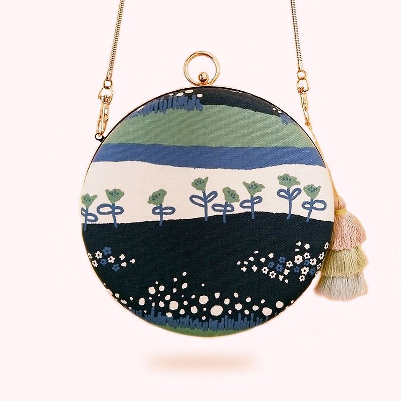 Tulip blue leaf double-sided two-color hand-held shoulder-back portable three-style small round bag gift mouth gold bag - Messenger Bags & Sling Bags - Cotton & Hemp Blue