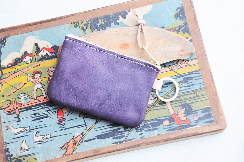 Classic zip purse - wax wax WAXED LAVENDER Sew leather bag free hand lettering lettering package couple gifts purse paper bag simple and practical Italian leather vegetable tanned leather DIY - กระเป๋าใส่เหรียญ - หนังแท้ สีม่วง