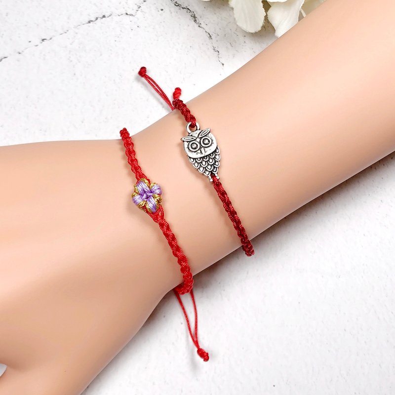 Gift Set - Silver Owl lanyard knot peach red string hand strap (Set) TB204 - สร้อยข้อมือ - เส้นใยสังเคราะห์ สีแดง