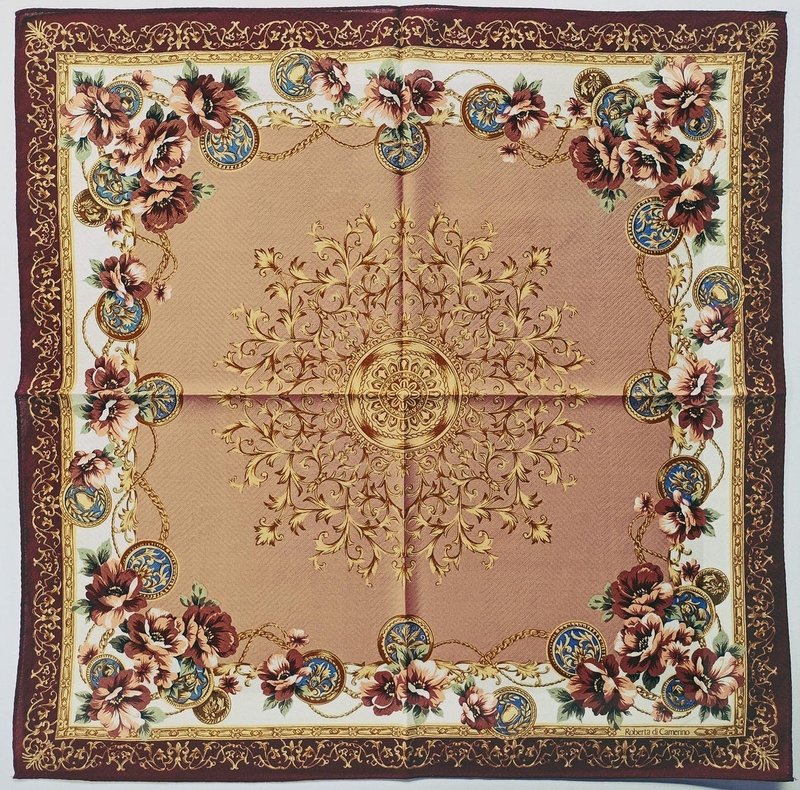 Roberta di Camerino Vintage Scarf Luxury Baroque Floral 23.5 x 23.5 inches - 絲巾 - 棉．麻 卡其色