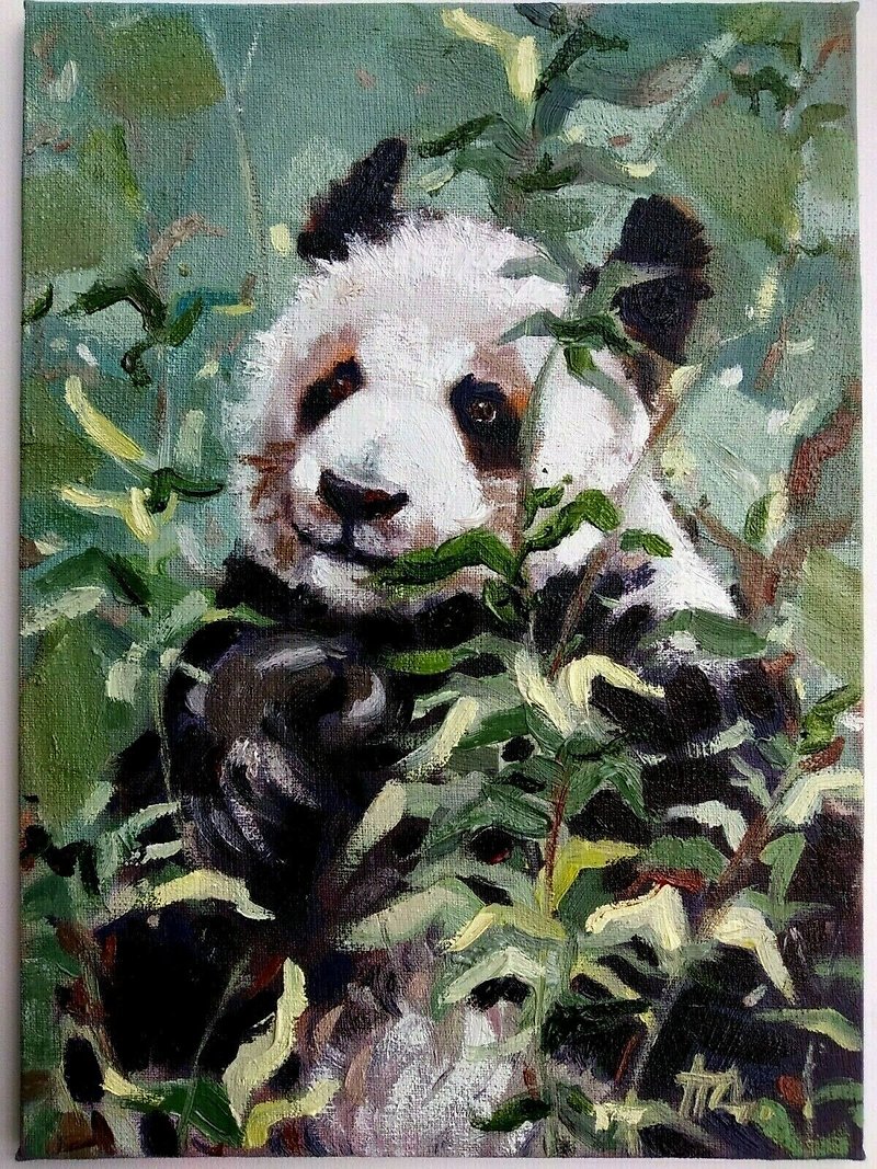 Original oil painting on canvas panda bear painting animals animalism art - 牆貼/牆身裝飾 - 其他材質 多色