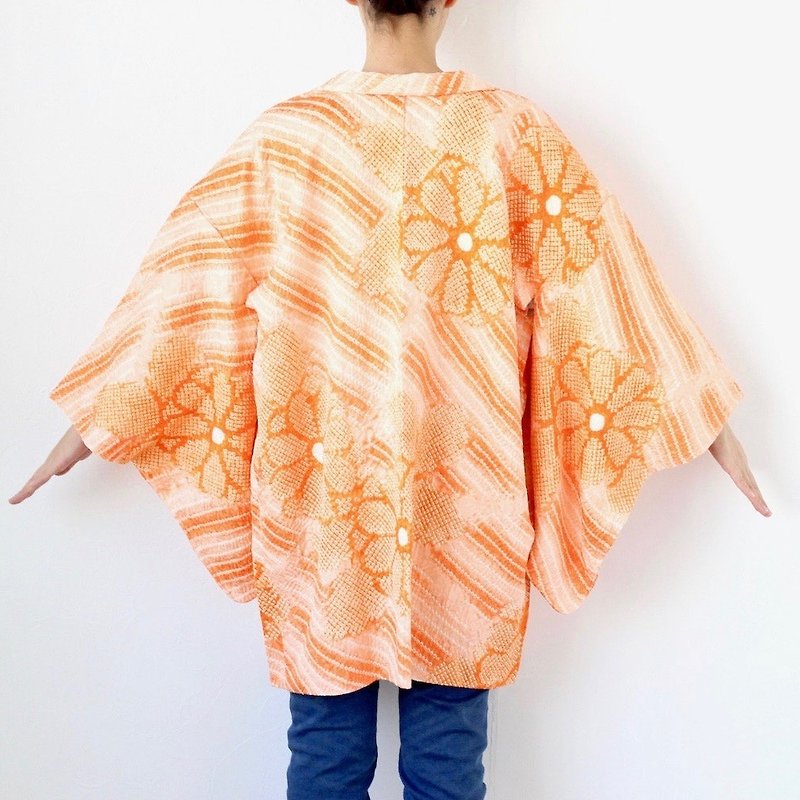 Shibori kimono, EXCELLENT VINTAGE, haori, Japanese kimono /3772 - Women's Casual & Functional Jackets - Silk Orange