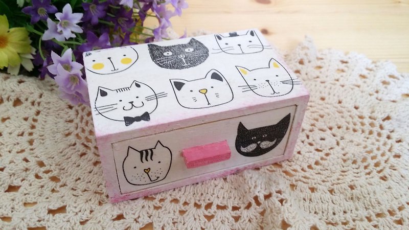 ピンクの手描きの子猫収納ボックス/小さな引き出しボックス/猫のひげボックス - 収納用品 - 木製 ピンク