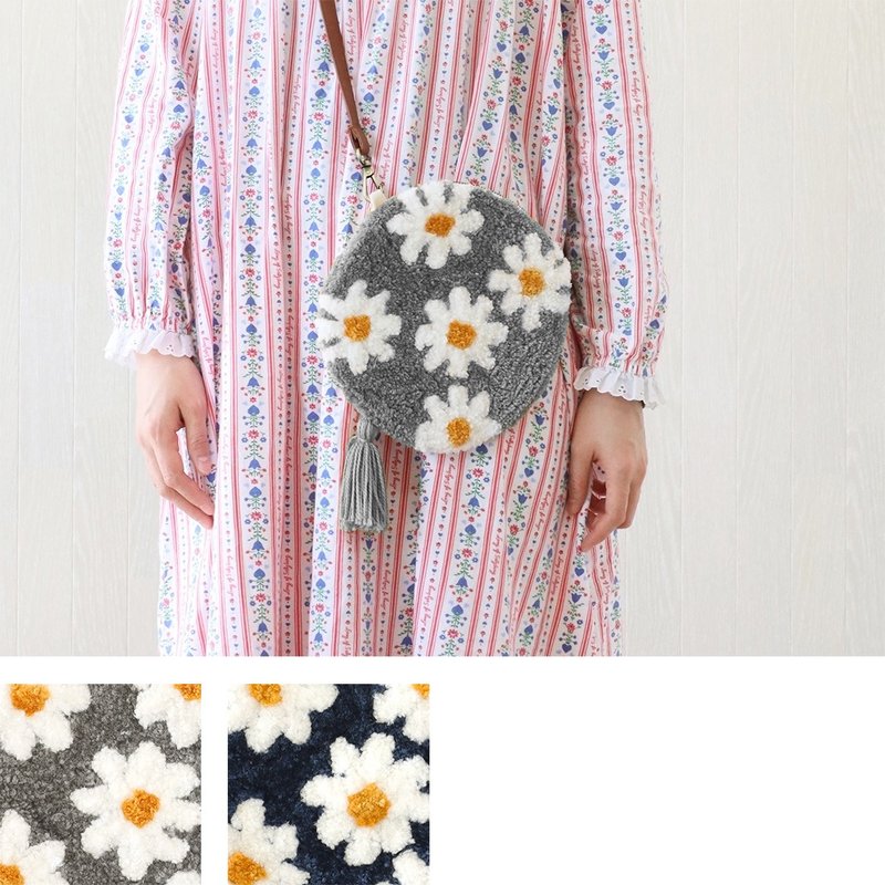 [Pre-order] Cute floral tufted round bag made in India - Messenger Bags & Sling Bags - Cotton & Hemp Gray