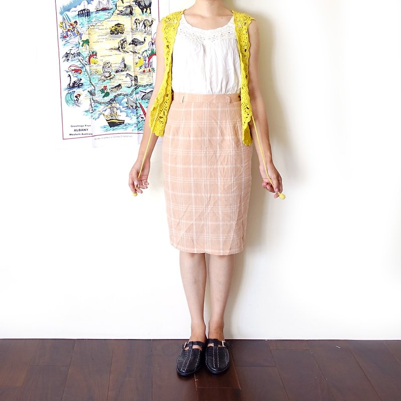 BajuTua / vintage / pink color plaid chiffon skirt package hip - Skirts - Polyester Pink