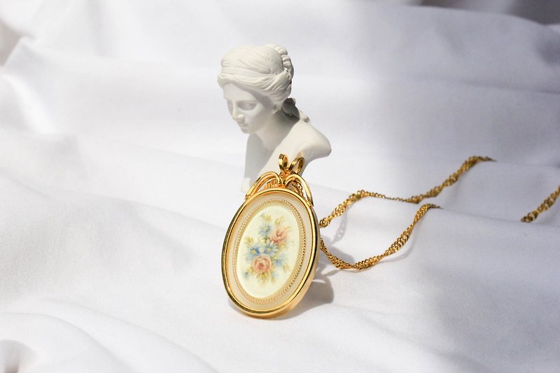 [American antique jewelry brought back by the United States] 1950s American jewelry rose garden painting necklace - Necklaces - Other Metals 
