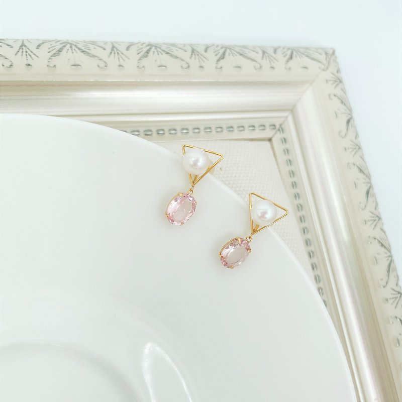 Afternoon Tea Series Stone Japanese Pearl Yellow 18K Gold Earrings Light Jewelry - Earrings & Clip-ons - Gemstone Pink