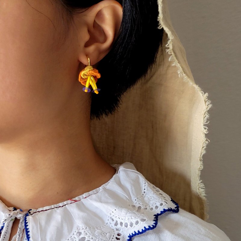 DUNIA handmade /Flower and fruit hand-sewn beaded cloth earrings/ - Orange and off-white - Earrings & Clip-ons - Cotton & Hemp Multicolor