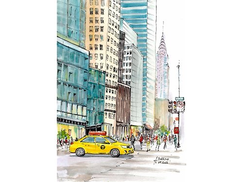 AnaMuStudio USA watercolor New York City original urban sketch Yellow taxi wall art American