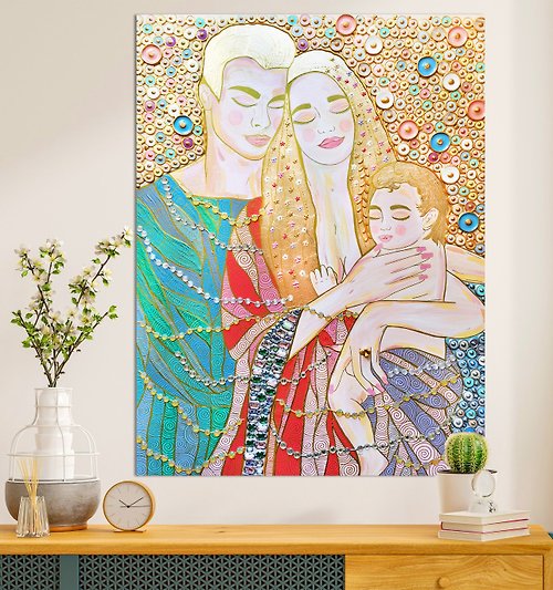 HOUSE-of-the-SUN-Art Handmade original painting. Family portrait Parents and baby. Gold leaf, mosaic