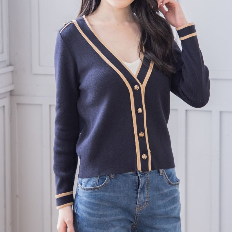 飾りボタン付きニットカーディガン ネイビー - ニット・セーター - コットン・麻 