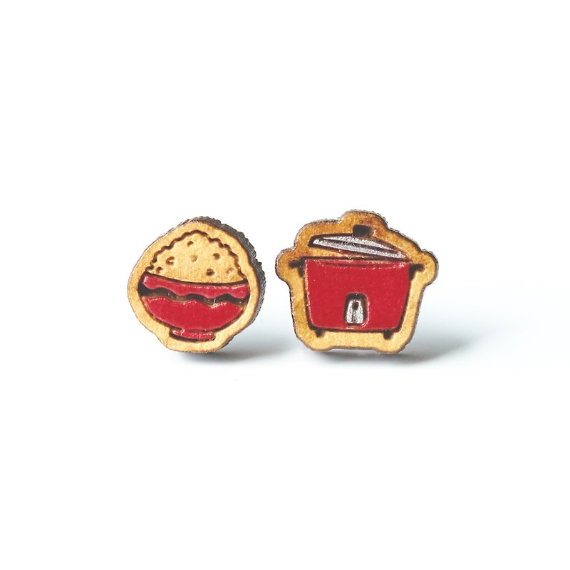 Painted wood earrings-Rice Cooker (red) - Earrings & Clip-ons - Wood Red