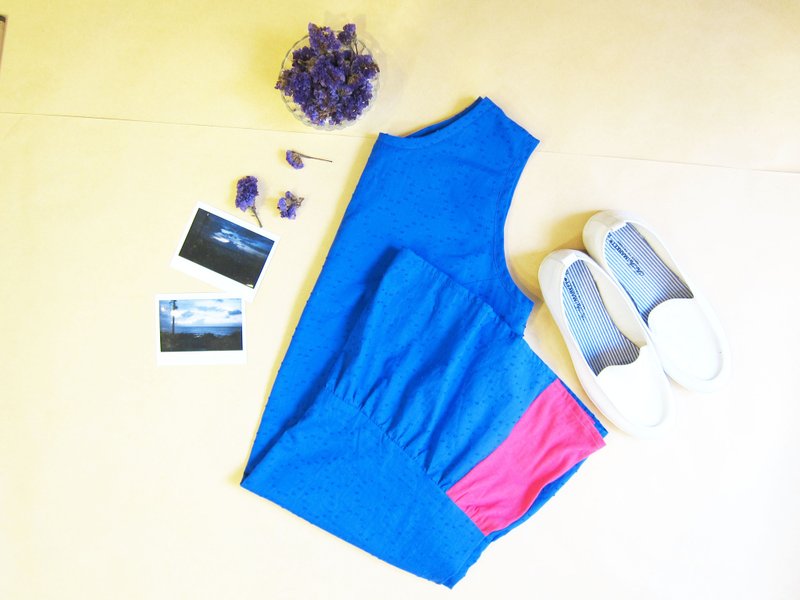 Summer cool sleeveless dress (blue) - ชุดเดรส - ผ้าฝ้าย/ผ้าลินิน สีน้ำเงิน