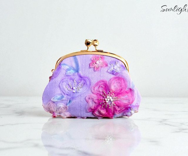 日光小巷手作 日本ロマンティックパープルメッシュ立体花言葉がま口