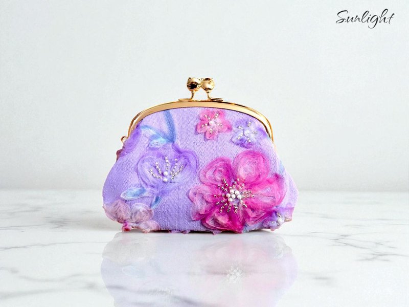 日光小巷手做日本浪漫紫色網紗立體花語口金包子母包收納包 - 錢包/皮夾/長短夾 - 棉．麻 