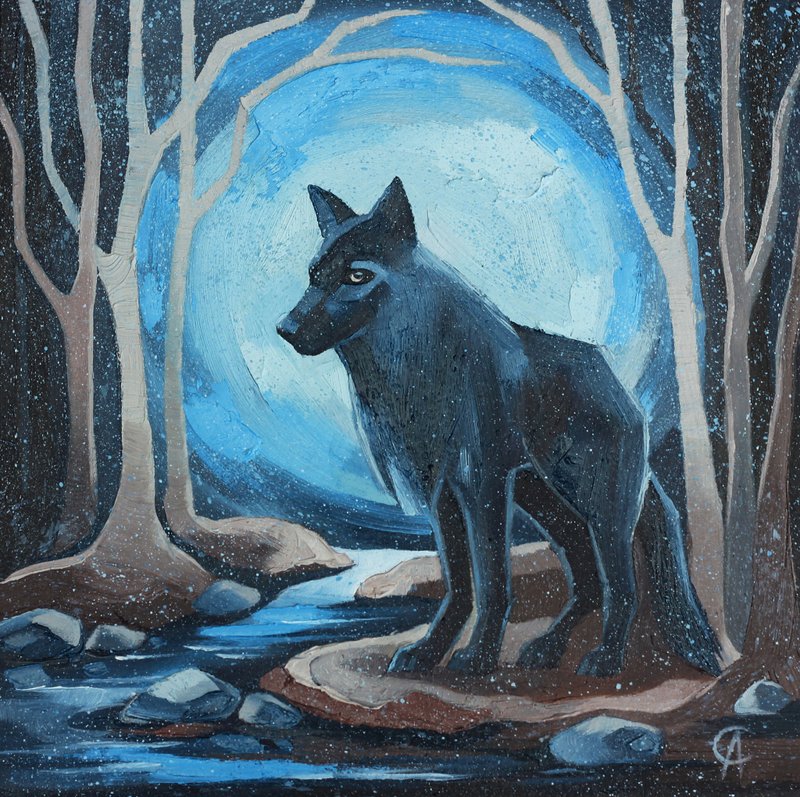 油画风景与动物。狼的壁饰 森林原创艺术 幻想艺术品 动物壁画。 - 海報/掛畫/掛布 - 其他材質 藍色