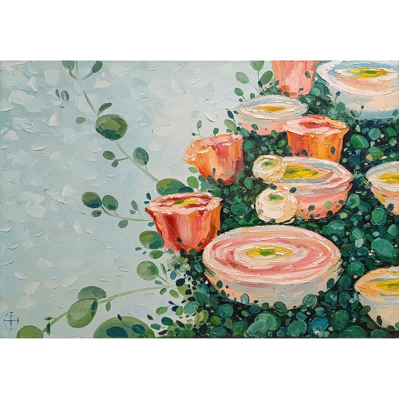 Ranunculus Painting Roses Flowers Oil Painting in Canvas Original Painting - 海報/掛畫/掛布 - 其他材質 藍色