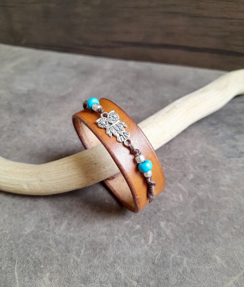 Athena Owl of Wisdom Cuff Bracelet - Leather & Turquoise Energy Bangle - 手鍊/手環 - 真皮 咖啡色