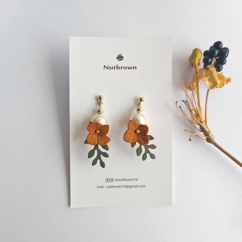 Leather Series - Shengguo’s exclusive leather floral cotton pearl earrings/ Clip-On - Earrings & Clip-ons - Genuine Leather Brown