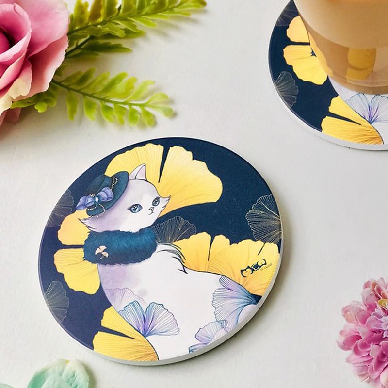 Ceramics | Absorbent Coaster | Both hot and cold-Ginkgo Beauty Cat - ที่รองแก้ว - เครื่องลายคราม สีเหลือง