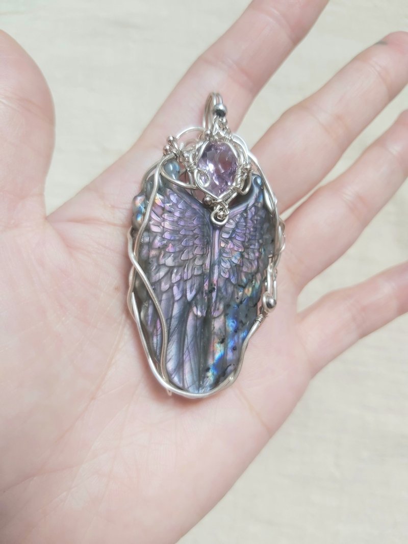 [Angel Wings] Rainbow Labradorite Diamond Cut Amethyst Pendant - สร้อยคอ - เงินแท้ 