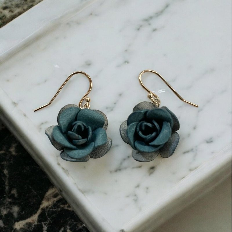 Leather flower earrings rose earrings - Items for Display - Genuine Leather Blue