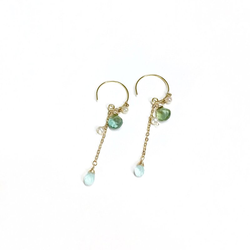 Sagiri. Natural pearl and Gemstone drop earrings. 18k gold-plated ear hooks. - ต่างหู - เครื่องเพชรพลอย สีเขียว