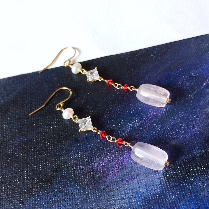 14kgf-rose quartz exquisite earrings - Earrings & Clip-ons - Crystal Pink