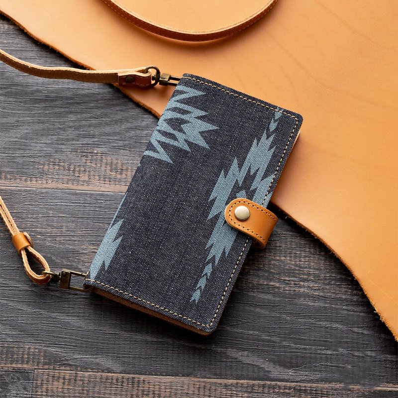 Compatible with all models Smartphone case Notebook type [Native pattern - genuine leather made] Okayama Denim Ortega Genuine Leather iPhone Xperia Galaxy AC06K - เคส/ซองมือถือ - วัสดุอื่นๆ สีน้ำเงิน