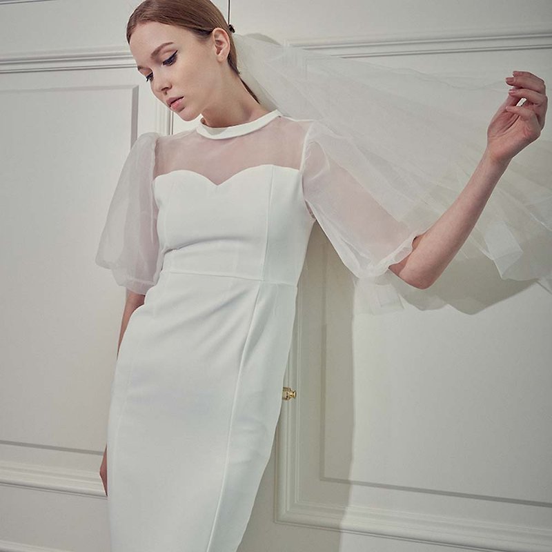 BEYOND Organza Short Sleeve Wedding One Piece, Semi Wedding Dress - Evening Dresses & Gowns - Polyester 