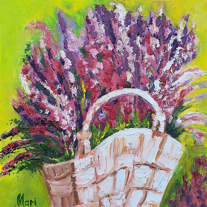 Tuscany Painting Picnic Basket Lavender Flowers Original Landscape Garden Floral - 掛牆畫/海報 - 其他材質 多色