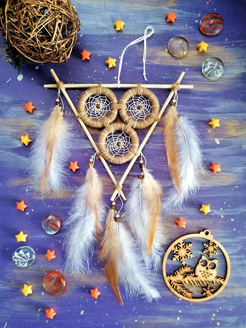 Purr Purple Dreams Beige dreamcatcher kit Feather wall hanging Shamanic amulet Bedroom boho decor