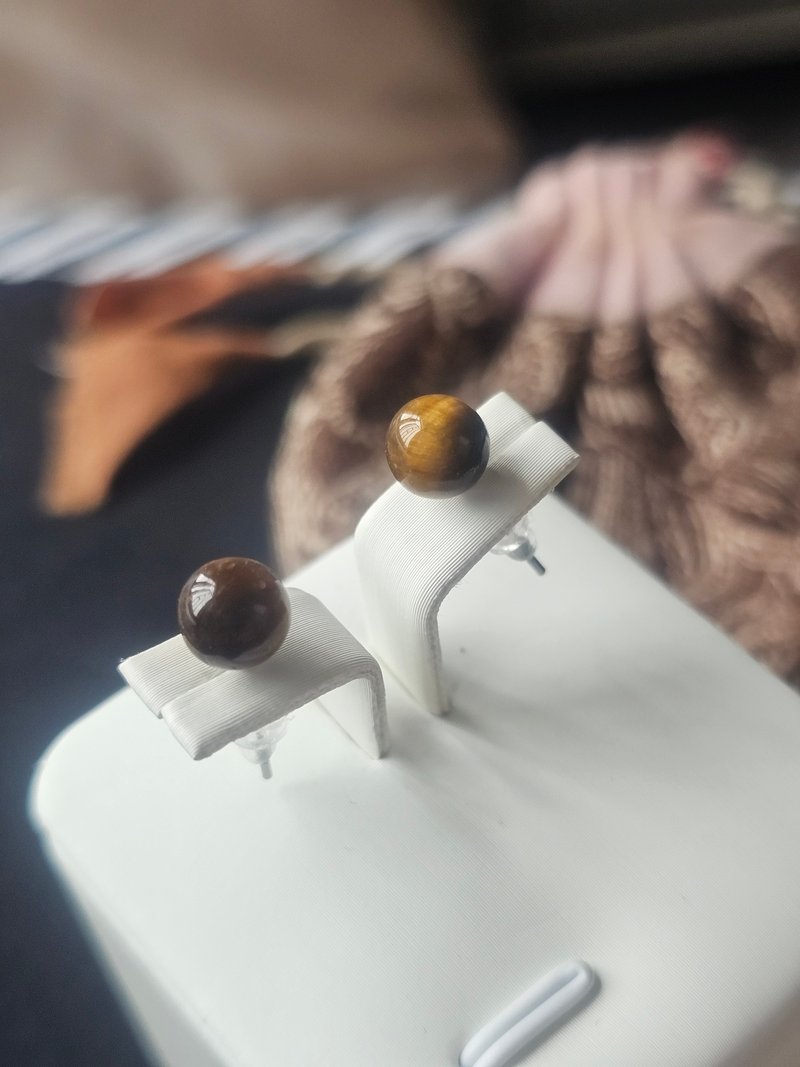 簡而美--虎眼石耳環 - 耳環/耳夾/耳骨夾 - 半寶石 咖啡色