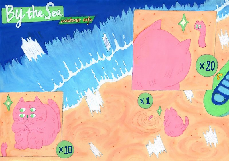 オリジナルの手描きの四つ目のピンクの猫のビーチ アート マイクロ スプレー装飾画 - その他 - 紙 ホワイト