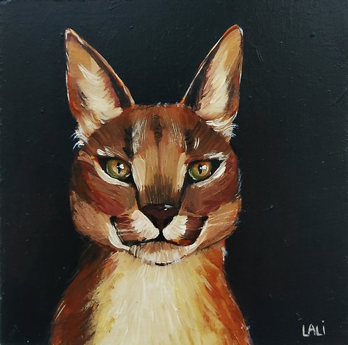 Diven.art Original Oil Painting on Wood Panel CARACAL Predatory Cat Portrait 5x5 inches