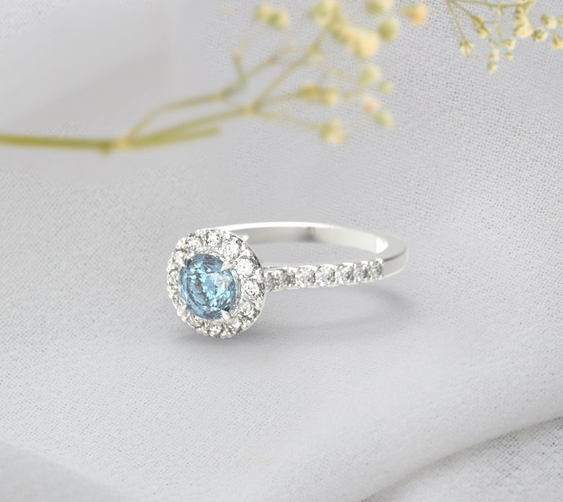 Aquamarine Ocean Blue Round Cut  Promise Ring, 925 Sterling Silver Vintage ring - 戒指 - 其他金屬 咖啡色
