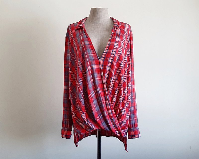 Vintage Red Plaid Blouse - Women's Tops - Polyester Red