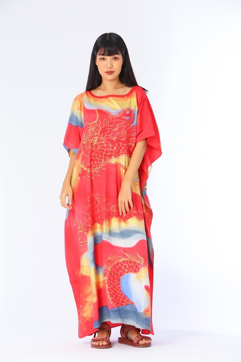 Abtract cotton Rayon kaftan free size (chinese style) - One Piece Dresses - Cotton & Hemp Red