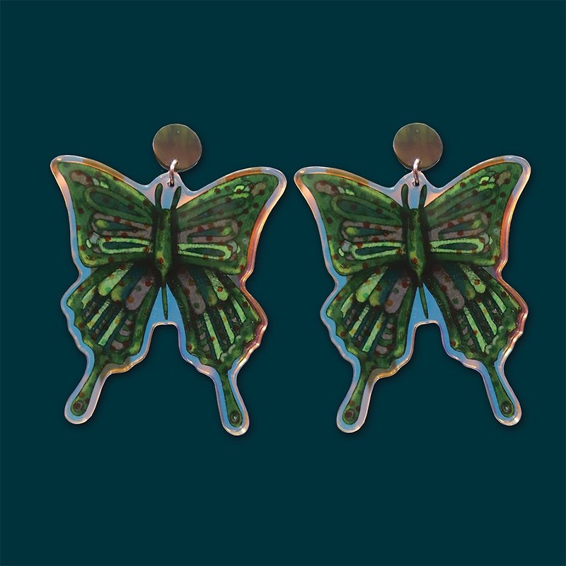 Green Butterfly Acrylic Earrings - ต่างหู - พลาสติก สีเขียว